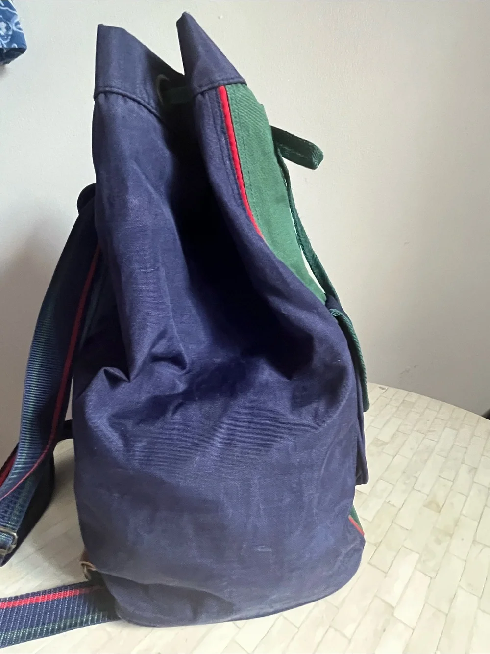 Alexander Julian Canvas Bucket Top Drawstring Backpack Green Blue Colorblock